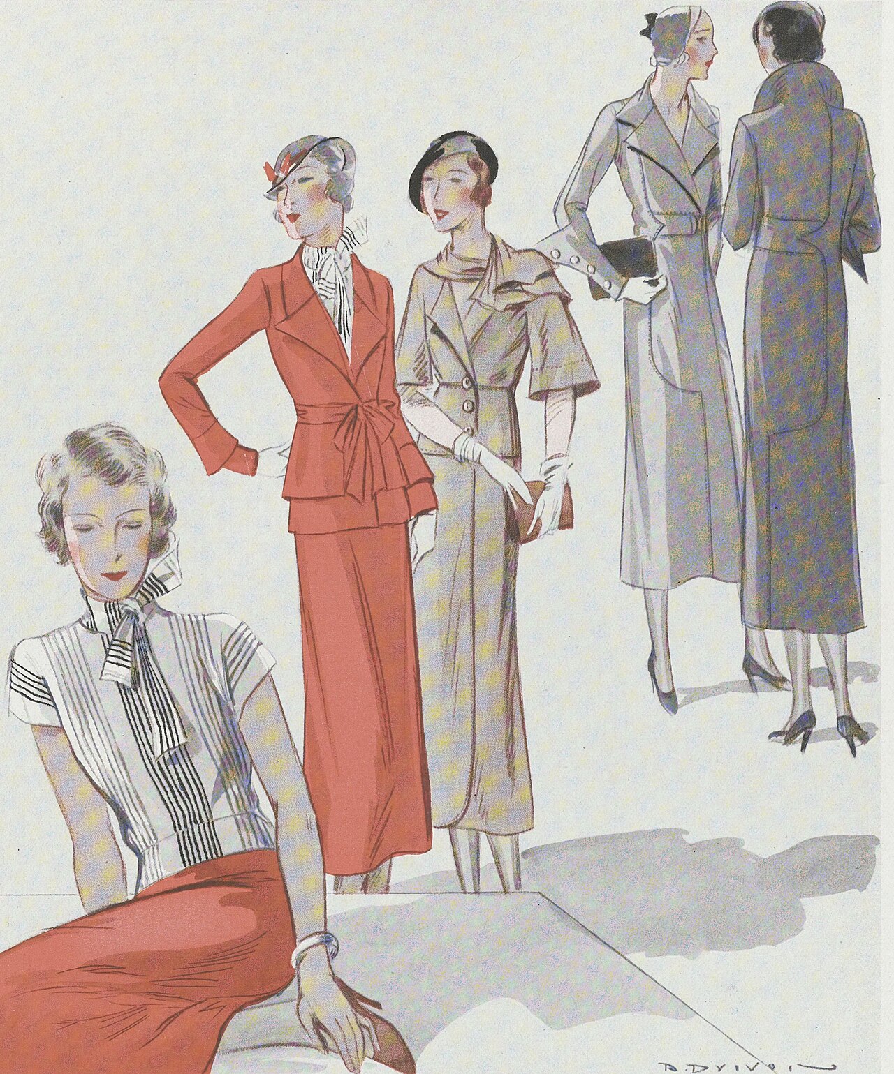 1932 fashion illustration of women in tailored suits, a belted coat and a pleated blouse